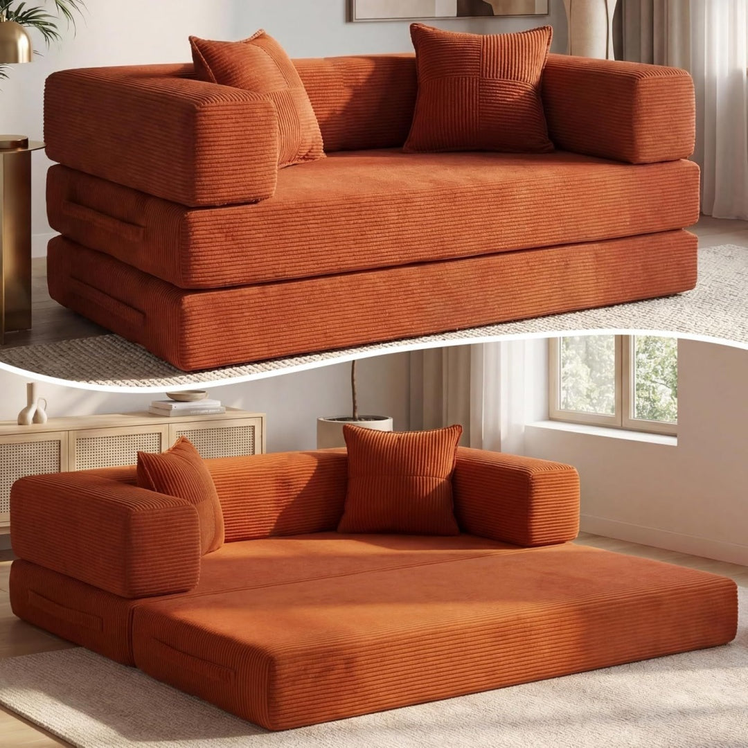 Divano letto rivestito in velluto arancione